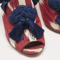 Pre Owned Aquazzura Burgundy/White Canvas Tassel Ankle Tie Sandals Size 37.5