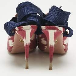 Pre Owned Aquazzura Burgundy/White Canvas Tassel Ankle Tie Sandals Size 37.5