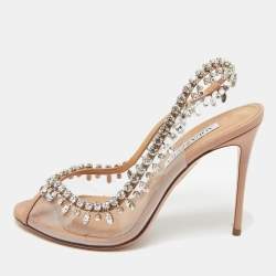 Pre Owned Aquazzura Beige Leather and PVC Crystal Embellish Temptation Peep Toe Pumps Size 38