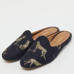 Pre Owned Aquazzura Black Jacquard Panther Embroidered Flat Mules Size 37.5