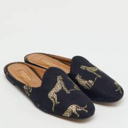 Pre Owned Aquazzura Black Jacquard Panther Embroidered Flat Mules Size 37.5
