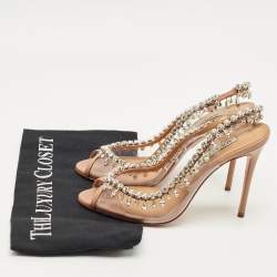 Pre Owned Aquazzura Beige Leather and PVC Crystal Embellish Temptation Peep Toe Pumps Size 37