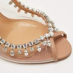 Pre Owned Aquazzura Beige Leather and PVC Crystal Embellish Temptation Peep Toe Pumps Size 37