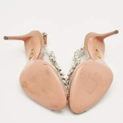 Pre Owned Aquazzura Beige Leather and PVC Crystal Embellish Temptation Peep Toe Pumps Size 37