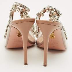 Pre Owned Aquazzura Beige Leather and PVC Crystal Embellish Temptation Peep Toe Pumps Size 37