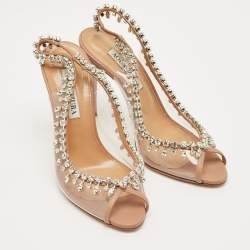 Pre Owned Aquazzura Beige Leather and PVC Crystal Embellish Temptation Peep Toe Pumps Size 37
