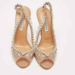 Pre Owned Aquazzura Beige Leather and PVC Crystal Embellish Temptation Peep Toe Pumps Size 37