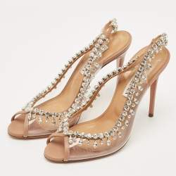 Pre Owned Aquazzura Beige Leather and PVC Crystal Embellish Temptation Peep Toe Pumps Size 37