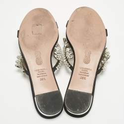 Pre Owned Aquazzura Black Satin Gem Palace Crystal Embellish  Flat Slide Size 38.5