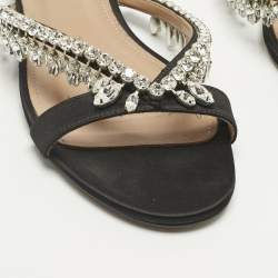 Pre Owned Aquazzura Black Satin Gem Palace Crystal Embellish  Flat Slide Size 38.5