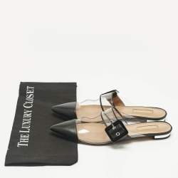 Pre Owned Aquazzura Black/Transparent Leather and PVC  Optic Buckle Mules Size 37.5