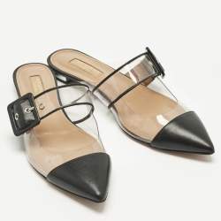 Pre Owned Aquazzura Black/Transparent Leather and PVC  Optic Buckle Mules Size 37.5