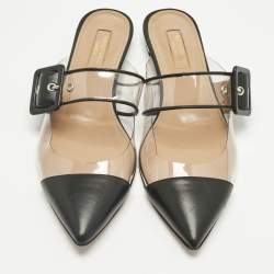 Pre Owned Aquazzura Black/Transparent Leather and PVC  Optic Buckle Mules Size 37.5