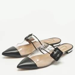 Pre Owned Aquazzura Black/Transparent Leather and PVC  Optic Buckle Mules Size 37.5