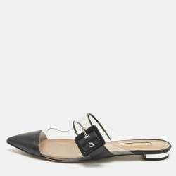 Pre Owned Aquazzura Black/Transparent Leather and PVC  Optic Buckle Mules Size 37.5