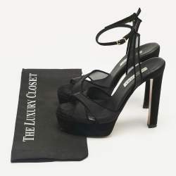 Pre Owned Aquazzura Black Suede and Net Platform Ankle Strap Sandals Size 39