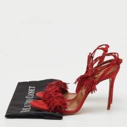 Pre Owned Aquazzura Red Suede Wild Thing Fringe Ankle Wrap Sandals Size 41