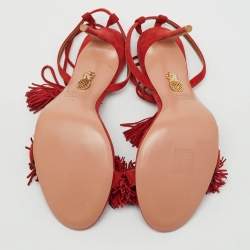 Pre Owned Aquazzura Red Suede Wild Thing Fringe Ankle Wrap Sandals Size 41