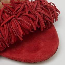Pre Owned Aquazzura Red Suede Wild Thing Fringe Ankle Wrap Sandals Size 41