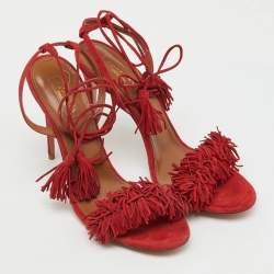 Pre Owned Aquazzura Red Suede Wild Thing Fringe Ankle Wrap Sandals Size 41