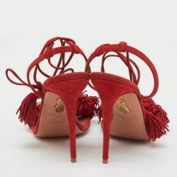 Pre Owned Aquazzura Red Suede Wild Thing Fringe Ankle Wrap Sandals Size 41