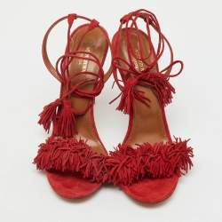 Pre Owned Aquazzura Red Suede Wild Thing Fringe Ankle Wrap Sandals Size 41