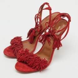 Pre Owned Aquazzura Red Suede Wild Thing Fringe Ankle Wrap Sandals Size 41