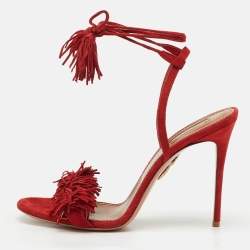 Pre Owned Aquazzura Red Suede Wild Thing Fringe Ankle Wrap Sandals Size 41