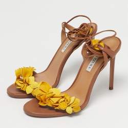 Pre Owned Aquazzura Brown/Yellow Leather Wild Thing Fringe Ankle Wrap Sandals Size 40