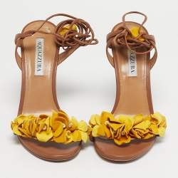 Pre Owned Aquazzura Brown/Yellow Leather Wild Thing Fringe Ankle Wrap Sandals Size 40