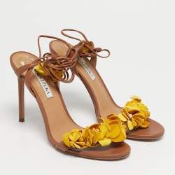 Pre Owned Aquazzura Brown/Yellow Leather Wild Thing Fringe Ankle Wrap Sandals Size 40