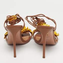 Pre Owned Aquazzura Brown/Yellow Leather Wild Thing Fringe Ankle Wrap Sandals Size 40