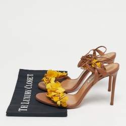 Pre Owned Aquazzura Brown/Yellow Leather Wild Thing Fringe Ankle Wrap Sandals Size 40
