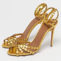Pre Owned Aquazzura Gold Leather Starlight Ankle Strap Open Toe Sandals Size 39