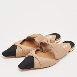 Pre Owned Aquazzura Beige/Black Canvas and Leather Twist Flat Mules Size 39