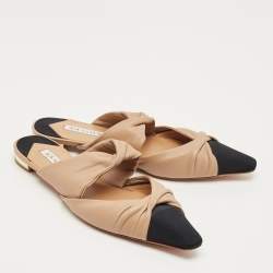 Pre Owned Aquazzura Beige/Black Canvas and Leather Twist Flat Mules Size 39