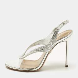 Pre Owned Aquazzura Silver Suede and PVC Crystal Embellished Izzy Sandals Size 37