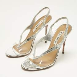 Pre Owned Aquazzura Silver Suede and PVC Crystal Embellished Izzy Sandals Size 37
