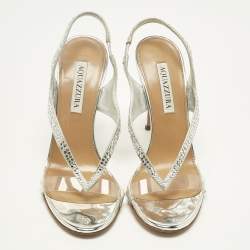 Pre Owned Aquazzura Silver Suede and PVC Crystal Embellished Izzy Sandals Size 37