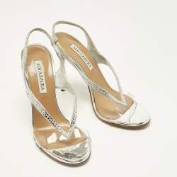 Pre Owned Aquazzura Silver Suede and PVC Crystal Embellished Izzy Sandals Size 37
