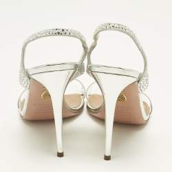 Pre Owned Aquazzura Silver Suede and PVC Crystal Embellished Izzy Sandals Size 37