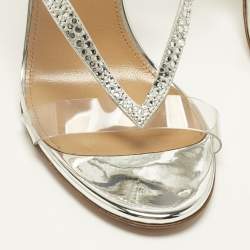 Pre Owned Aquazzura Silver Suede and PVC Crystal Embellished Izzy Sandals Size 37