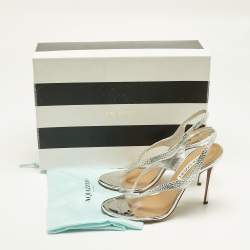 Pre Owned Aquazzura Silver Suede and PVC Crystal Embellished Izzy Sandals Size 37