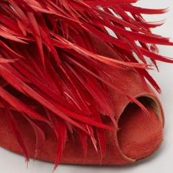 Pre Owned Aquazzura Red Suede Feather Embellished Ankle Strap Pumps Size 40.5