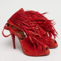 Pre Owned Aquazzura Red Suede Feather Embellished Ankle Strap Pumps Size 40.5