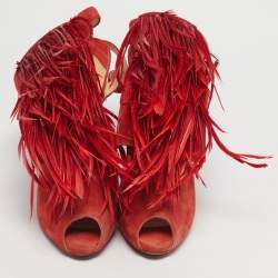 Pre Owned Aquazzura Red Suede Feather Embellished Ankle Strap Pumps Size 40.5