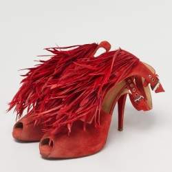 Pre Owned Aquazzura Red Suede Feather Embellished Ankle Strap Pumps Size 40.5