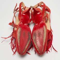 Pre Owned Aquazzura Red Suede Feather Embellished Ankle Strap Pumps Size 40.5