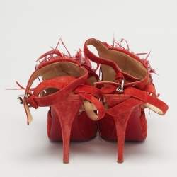 Pre Owned Aquazzura Red Suede Feather Embellished Ankle Strap Pumps Size 40.5