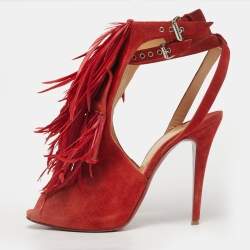Pre Owned Aquazzura Red Suede Feather Embellished Ankle Strap Pumps Size 40.5